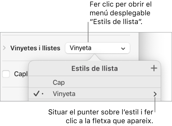 La finestra emergent “Estils de llista” amb un estil seleccionat i una fletxa a l’extrem dret.
