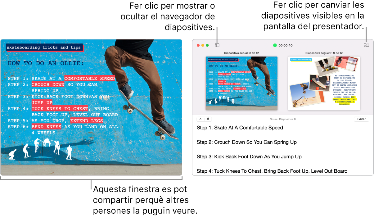 Presentació del Keynote que es mostra en una finestra, amb la pantalla del presentador en una segona finestra que conté el navegador de diapositives, les notes del presentador i la previsualització de diapositiva.