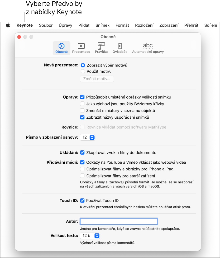 Okno předvoleb Keynote otevřené na panelu Obecné