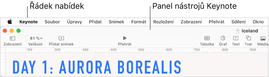 Řádek nabídek u horního okraje obrazovky s nabídkami Apple, Keynote, Soubor, Upravit, Přidat, Formát, Rozložení, Zobrazení, Sdílení, Okno a Nápověda. Pod řádkem nabídek je otevřená prezentace Keynote, v horní části je panel nástrojů s tlačítky Zobrazení, Velikost, Přidat snímek, Přehrát, Keynote Live, Tabulka, Graf, Text, Tvar, Média a Komentář.