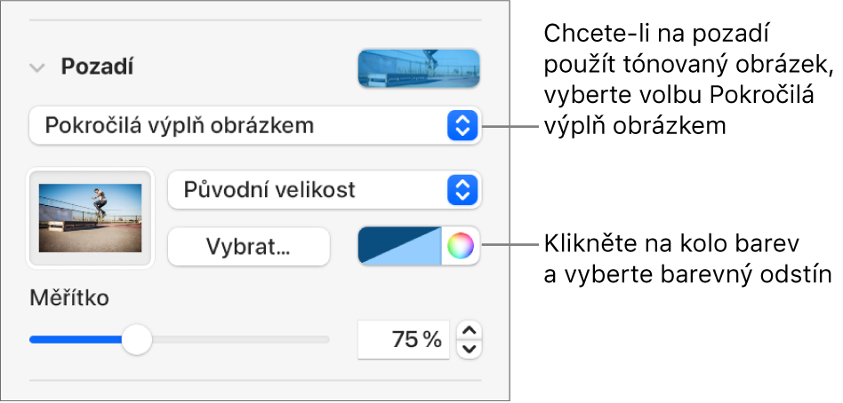 Ovládací prvky Pozadí s vyznačenou volbou Pokročilá výplň obrázkem která je nastavená jako pozadí snímku