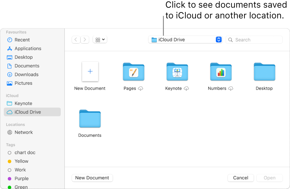 The Open dialog with the sidebar open on the left and iCloud Drive selected in the pop-up menu at the top. Folders for Keynote, Numbers and Pages appear in the dialog, along with a New Document button.