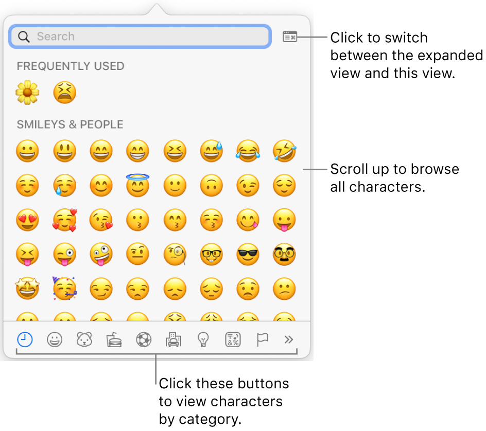 The Special Characters pop-up showing emoticons, buttons for different types of symbol at the bottom, and a callout to a button to show the full Characters window.