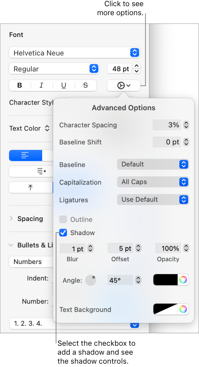 The Advanced Options open with the Shadow checkbox selected and controls for setting blur, offset, opacity, angle, and color.