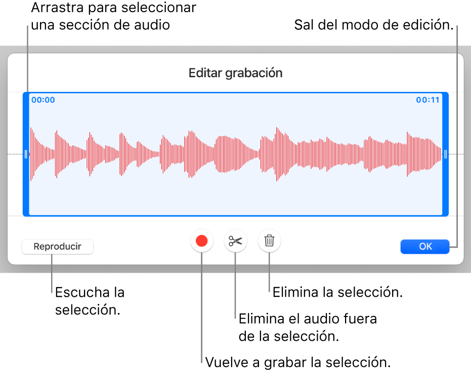 Controles para editar grabaciones de audio. Las manijas indican la sección seleccionada de la grabación. Los botones Previsualizar, Grabar, Recortar, Eliminar y “Salir del modo de edición” se encuentran abajo.