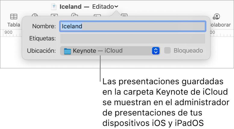 El cuadro de diálogo Guardar para una presentación en Keynote, con iCloud seleccionado en el menú desplegable Ubicación.