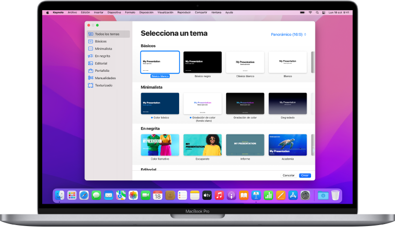 Un MacBook Pro con el selector de tema de Keynote abierto en la pantalla. En la izquierda está seleccionada la categoría “Todos los temas” y en la derecha aparecen los temas prediseñados en filas por categorías. El menú desplegable de idioma y región se encuentra en la esquina inferior izquierda, y los menús desplegables Estándar y Panorámico, en la inferior derecha.