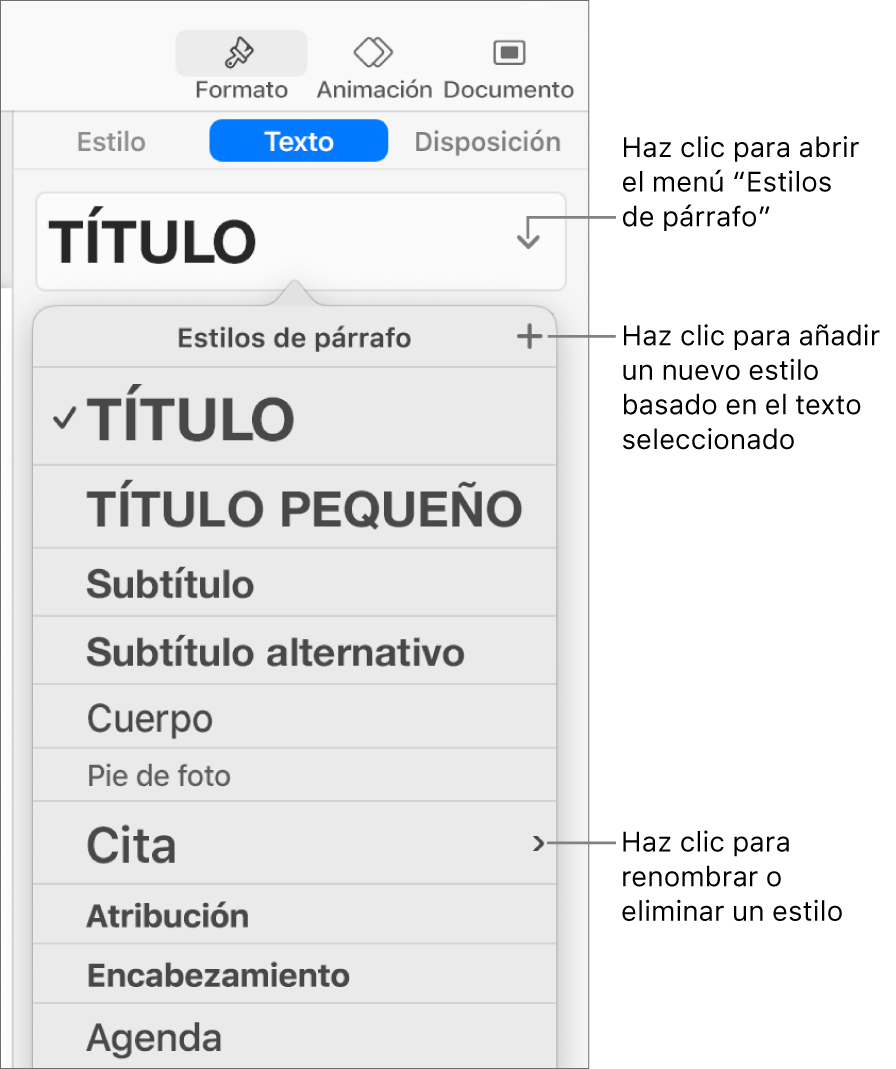 El menú “Estilos de párrafo”, con los controles para añadir o cambiar un estilo.