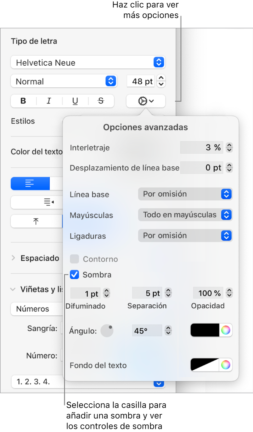 Las opciones avanzadas abiertas con la casilla Sombra seleccionada y los controles para ajustar el difuminado, la separación, la opacidad, el ángulo y el color.