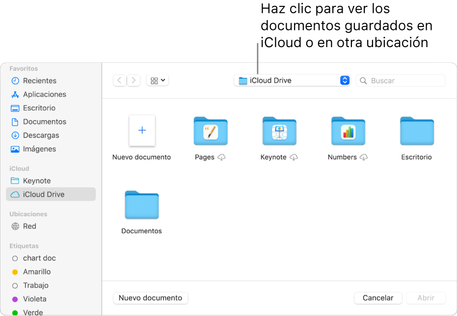 El cuadro de diálogo Abrir con la barra lateral abierta a la izquierda y iCloud Drive seleccionado en el menú desplegable en la parte superior. En el cuadro de diálogo aparecen carpetas para Keynote, Numbers y Pages, junto con un botón “Nuevo documento”.