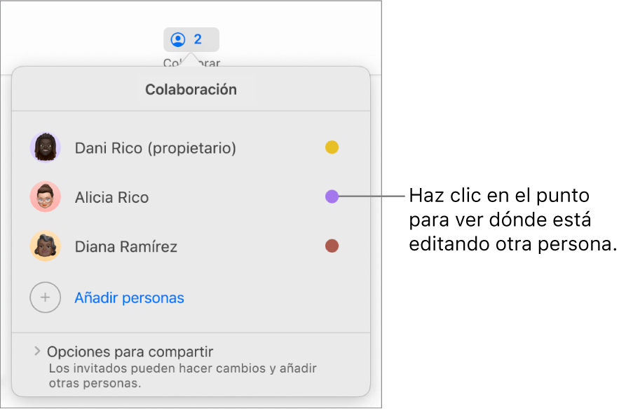 La lista de participantes con tres participantes y un punto de un color distinto a la derecha de cada nombre.