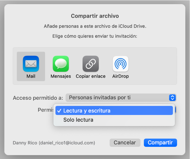 El cuadro de diálogo de colaboración con el menú desplegable Permiso abierto y la opción “Puede hacer cambios” seleccionada.