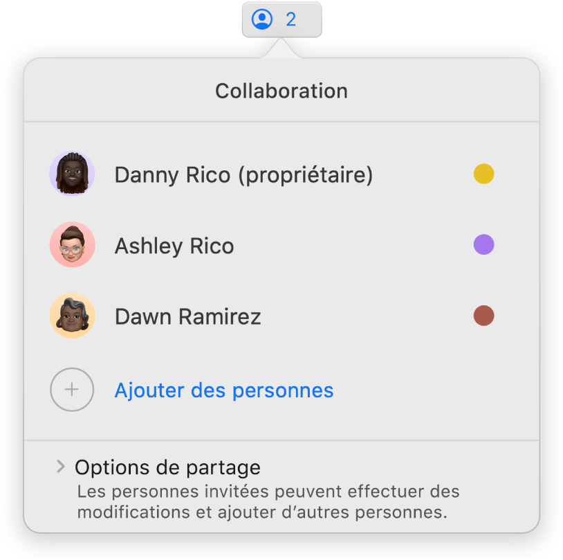 Le menu Collaboration affichant le nom des personnes qui collaborent sur la présentation. Les options de partage se trouvent sous les noms.