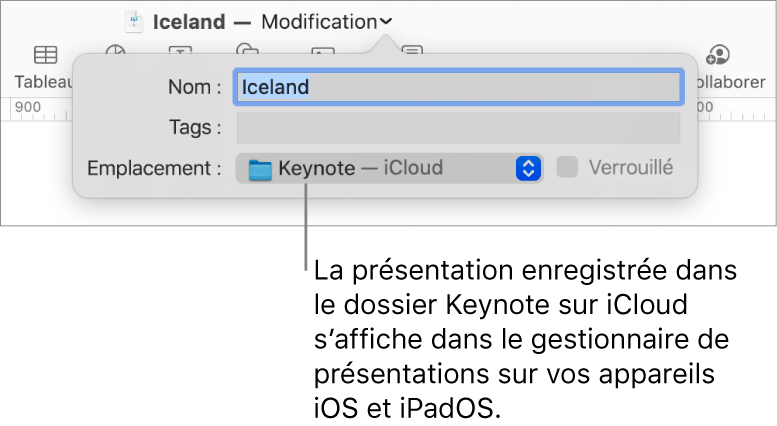 Zone de dialogue d’enregistrement d’une présentation avec Keynote (iCloud dans le menu local Emplacement).