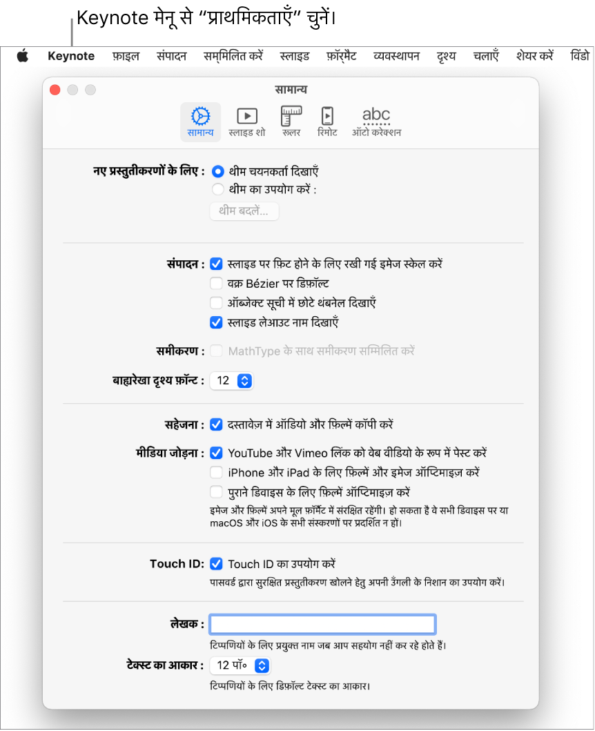 Keynote प्राथमिकताएँ विंडो “सामान्य” पेन में खुली है।