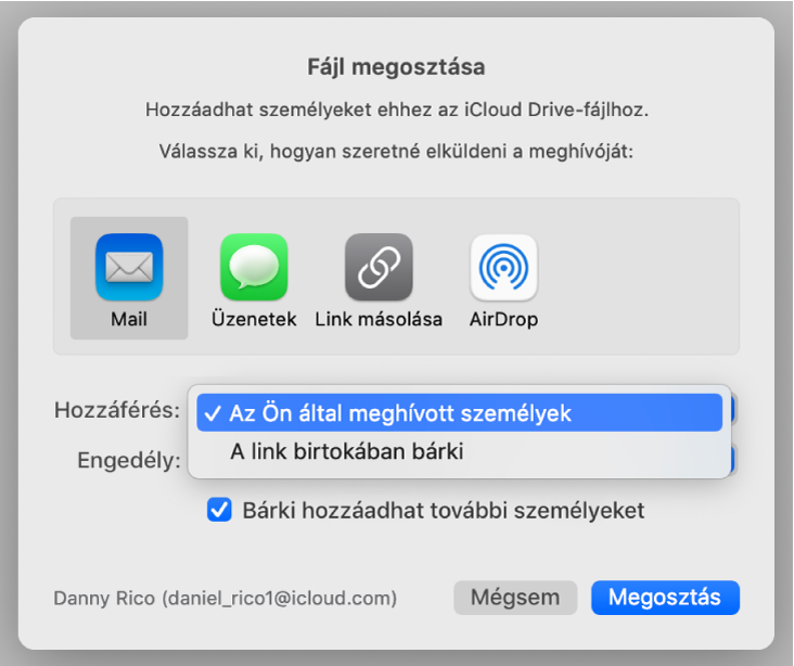 Az együttműködési párbeszédablak az „Akik hozzáféréssel rendelkeznek” előugró menüvel, amelyben „Az Ön által meghívott személyek” lehetőség van kiválasztva.
