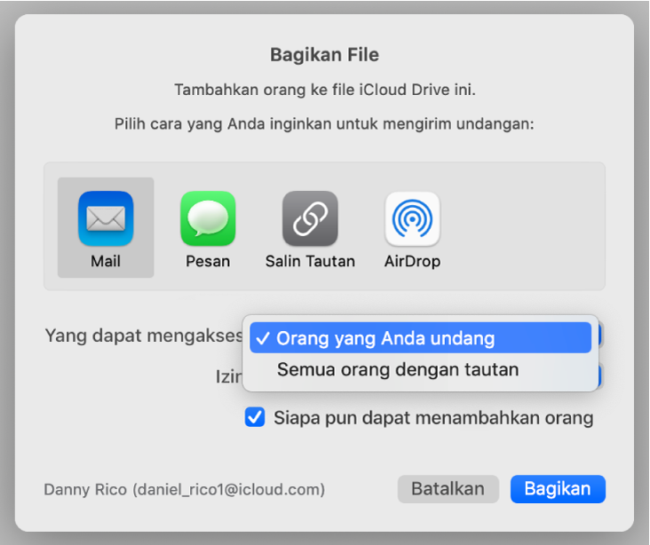Dialog kolaborasi dengan menu pop-up "Yang dapat mengakses" dibuka dan "Orang yang Anda undang" dipilih.