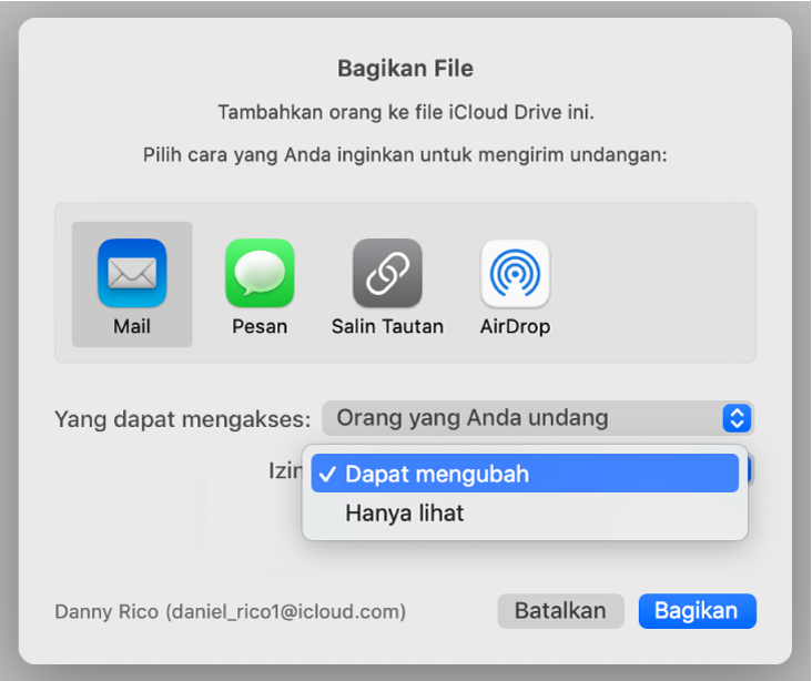 Dialog kolaborasi dengan menu pop-up Izin dibuka dan "Dapat mengubah" dipilih.