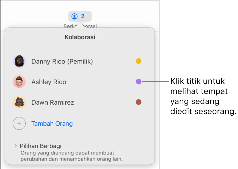 Daftar peserta dengan tiga peserta dan titik warna berbeda di sebelah kiri setiap nama.