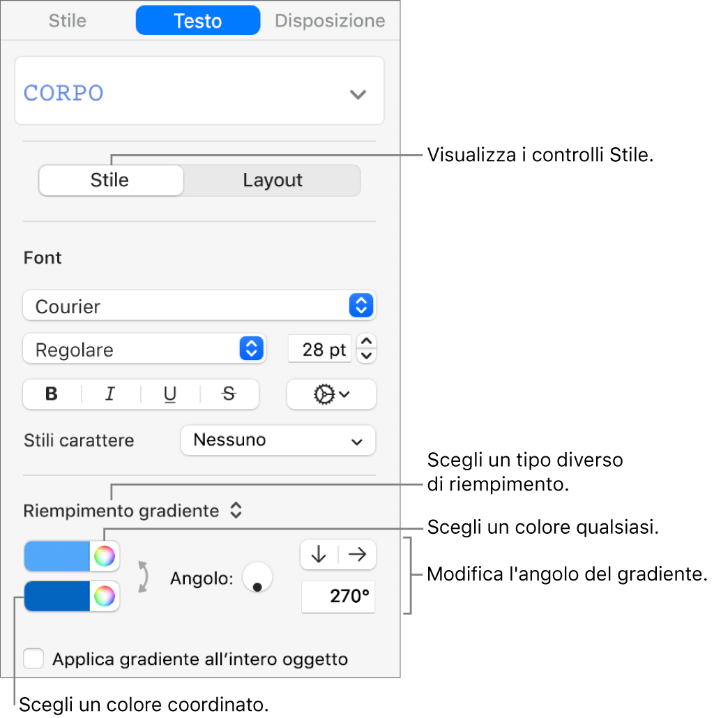 Controlli per la scelta dei colori predefiniti o qualsiasi colore.