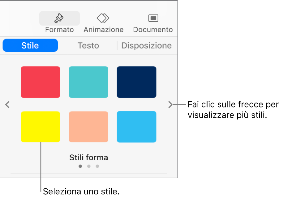 Pannello Stile della barra laterale Formato con sei stili di oggetto e frecce per la navigazione a destra e a sinistra.