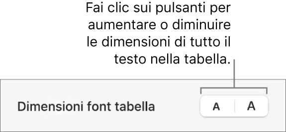 Controlli della barra laterale per modificare le dimensioni del font della tabella.