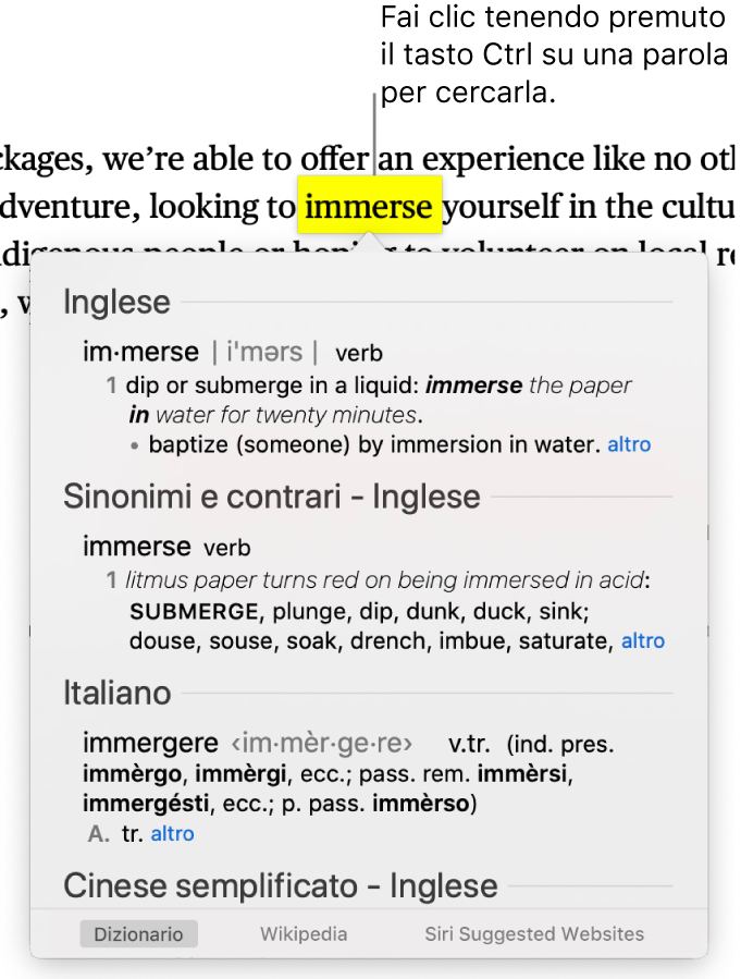 Testo con una parola evidenziata e una finestra che mostra la sua definizione e un sinonimo. Due pulsanti nella parte inferiore della finestra forniscono i link al dizionario e a Wikipedia.