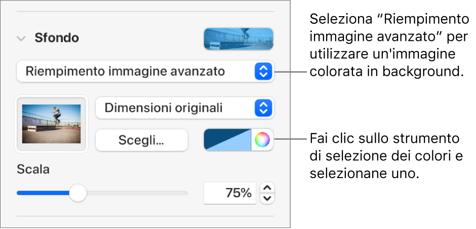 I controlli Sfondo, con un'impostazione “Riempimento immagine avanzato” colorata impostata come sfondo della diapositiva.