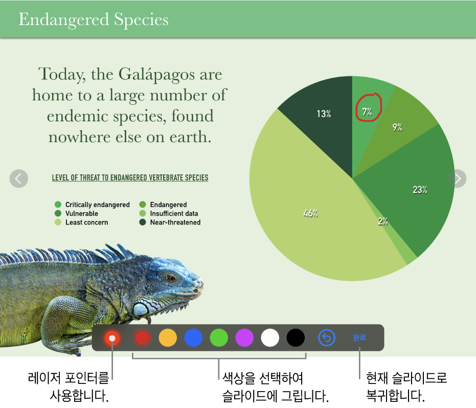 레이저 포인터 및 색상 선택 제어기를 보여주는 슬라이드 일러스트레이션 모드의 슬라이드.