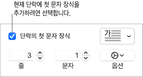 ‘단락의 첫 문자 장식’ 체크상자가 선택되어 있고 그 오른쪽에 팝업 메뉴가 나타남. 그 아래에는 줄 높이, 문자 수 및 기타 옵션을 설정하는 제어기가 있음.