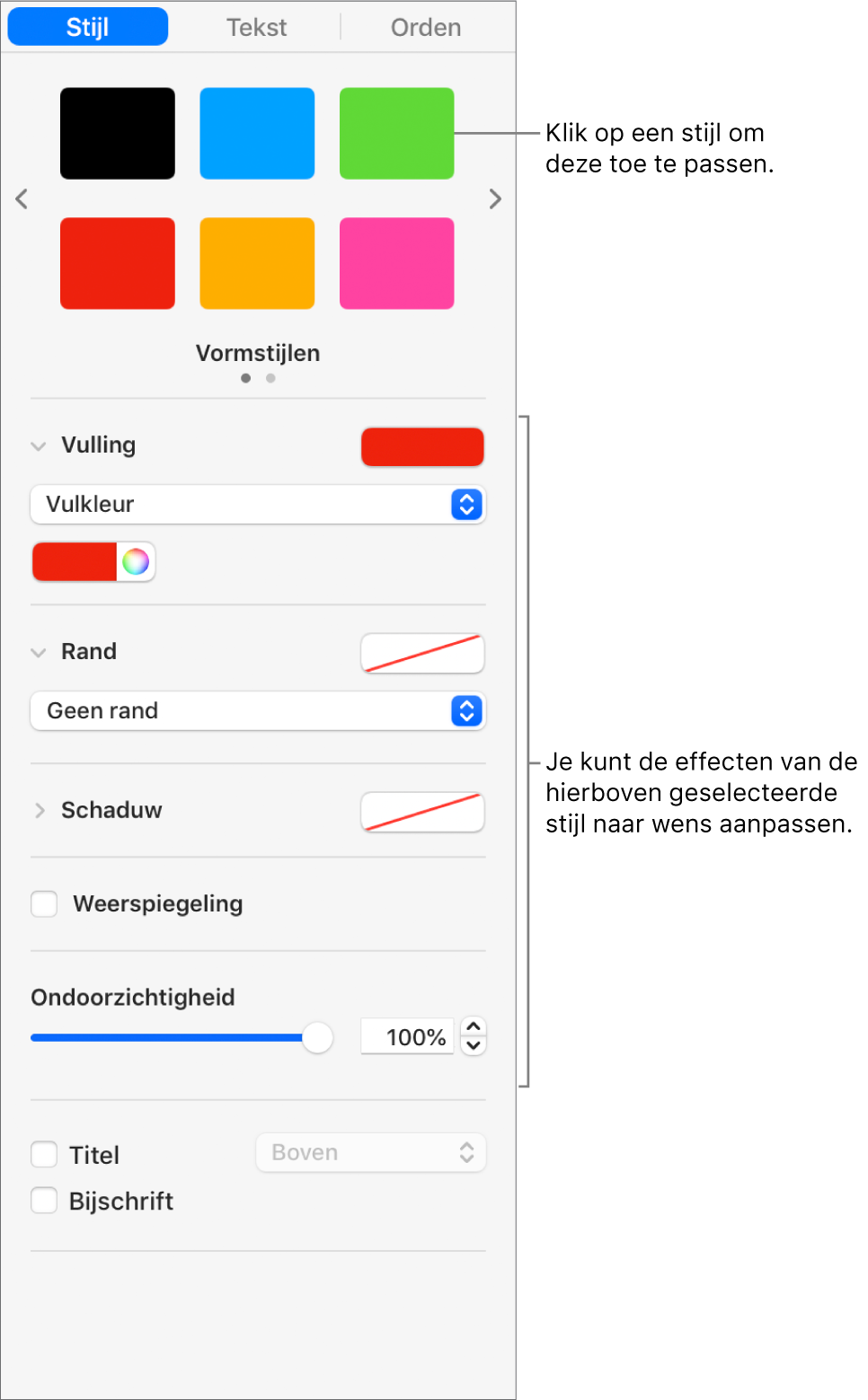 Vormstijlen en -opties in het gedeelte 'Opmaak' van de navigatiekolom.