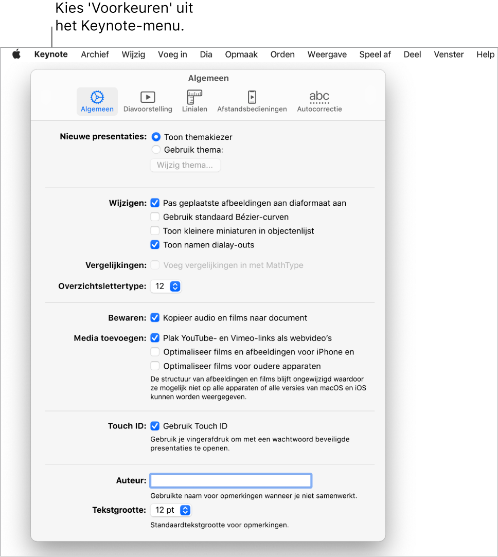 Het voorkeurenvenster van Keynote met het paneel 'Algemeen'.