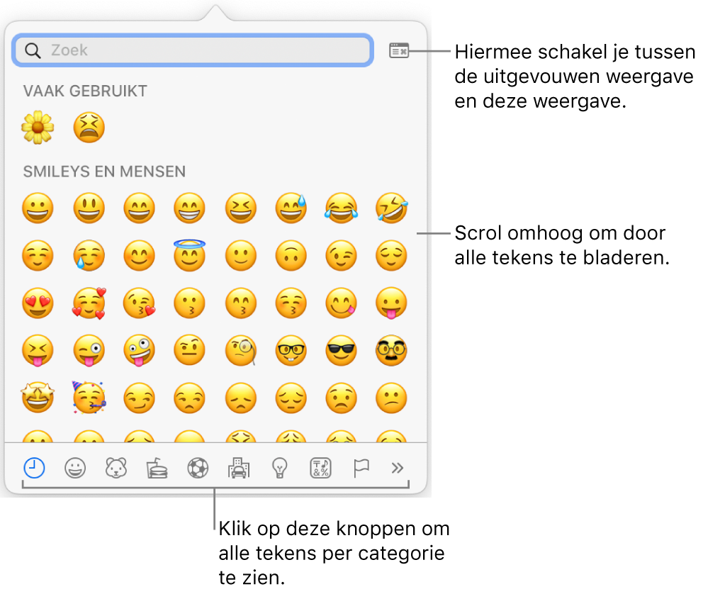 Het venstermenu 'Speciale tekens' met emoticons, knoppen voor verschillende soorten symbolen (onderin) en uitleg bij de knop voor het volledige venster met tekens.