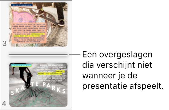 Het dianavigatiepaneel met een overgeslagen dia als horizontale lijn.