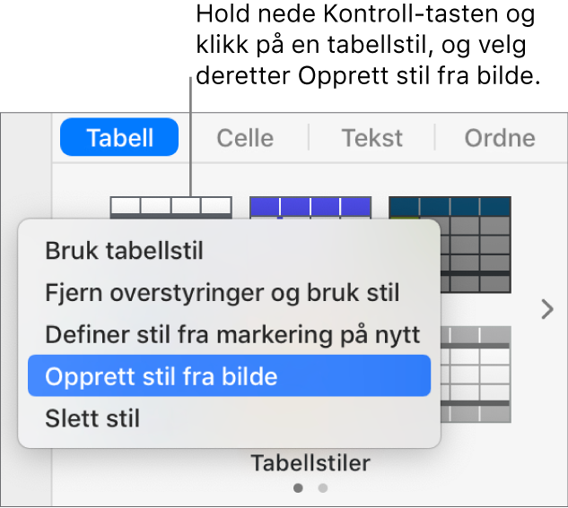 Snarveismenyen for tabellstiler.