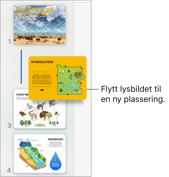 Lysbildenavigeringen, som viser en lysbildeminiatyr som er flyttet til en ny plassering i rekkefølgen, og en strek til venstre.