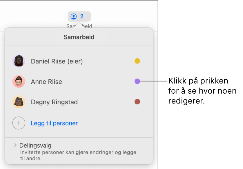 Deltakerlisten med tre deltakere og prikker med ulike farger til høyre for hvert navn.