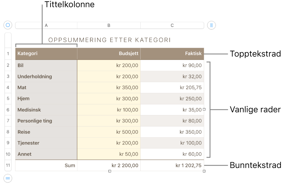 En tabell som viser tittelrader og -kolonner, vanlige rader og kolonner, bunnrader og -kolonner og håndtak for å legge til eller slette rader eller kolonner.