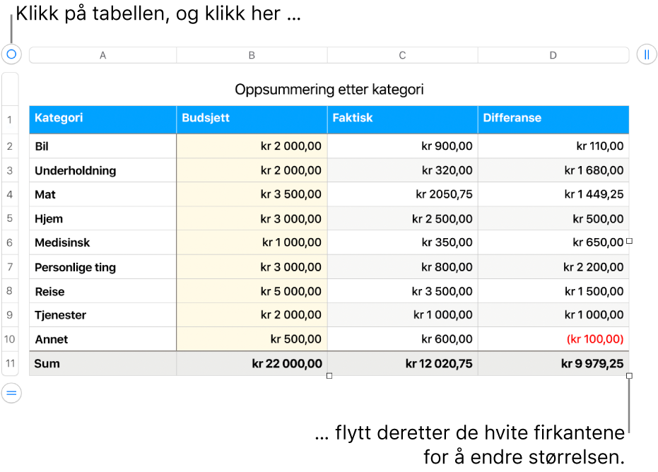 En markert tabell med hvite firkanter for å endre størrelsen.