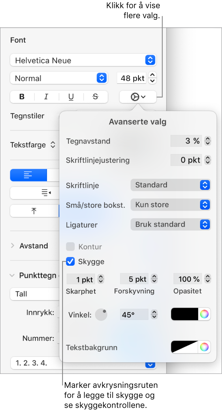 Avanserte valg åpent med Skygge-avkrysningsruten markert og kontroller for å angi uskarphet, forskyvning, opasitet, vinkel og farge.