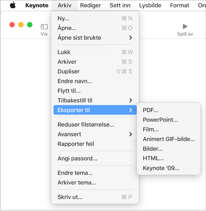 Arkiv-menyen åpen med Eksporter til markert og undermenyen som viser eksportvalg for PDF, PowerPoint, Film, HTML, Bilder og Keynote ’09.