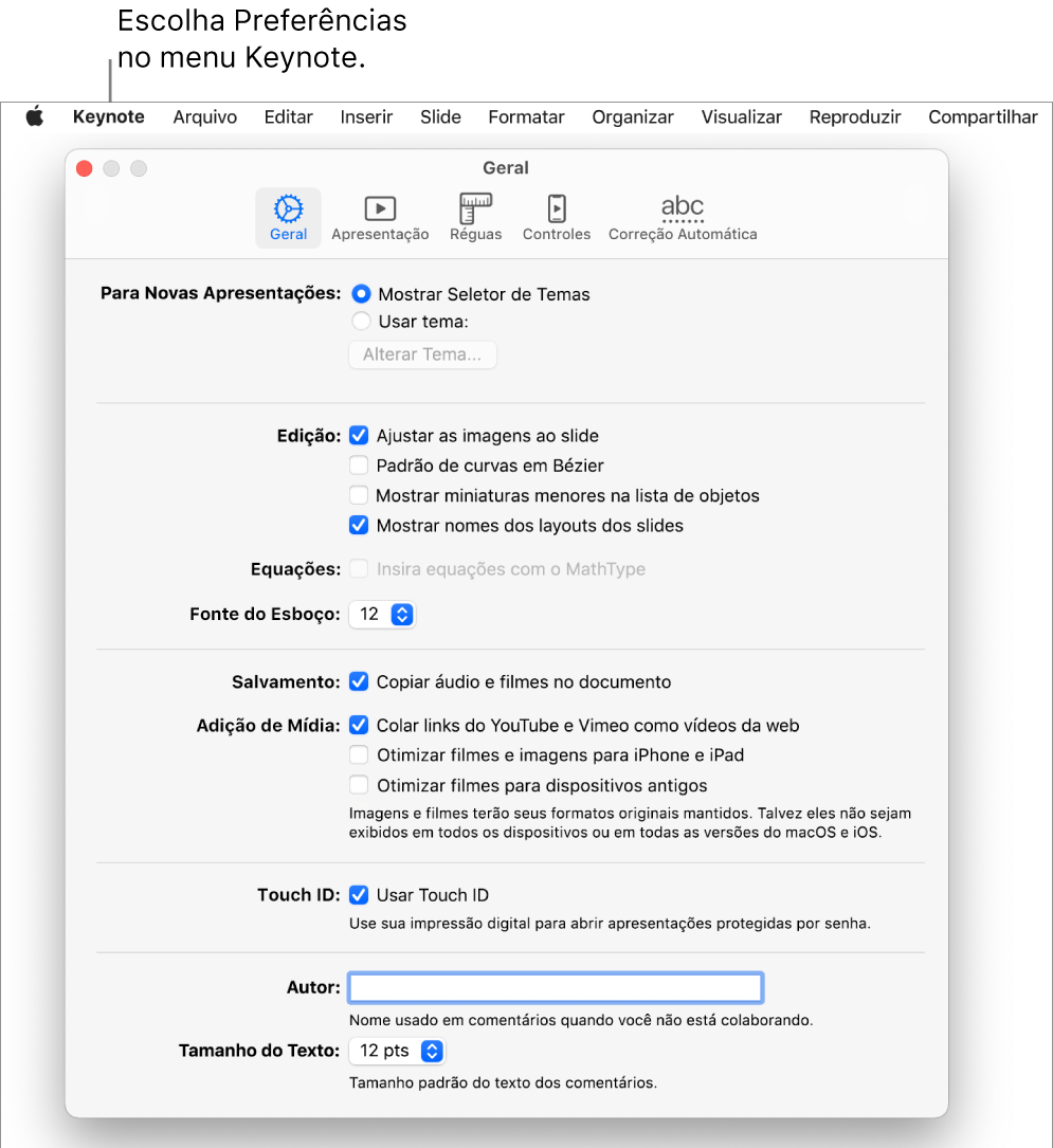 Janela de preferências do Keynote aberta no painel Geral.