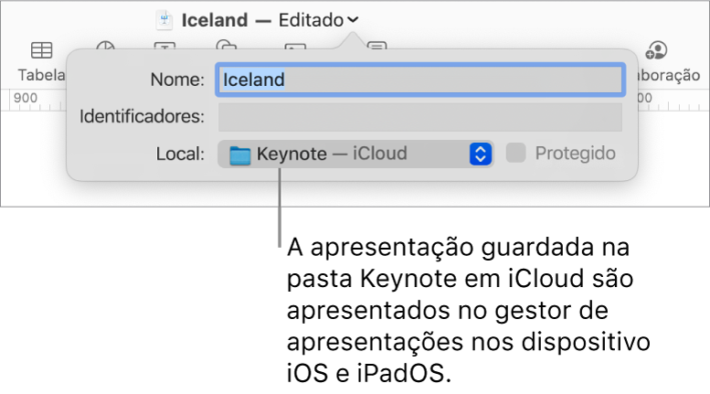 A caixa de diálogo Guardar para uma apresentação com o Keynote – iCloud no menu pop-up Local.
