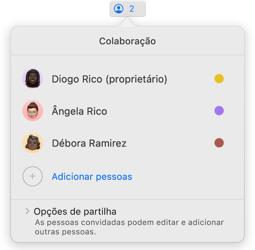 O menu Colaboração a apresentar os nomes das pessoas que estão a colaborar na apresentação. As opções de partilha estão por baixo dos nomes.