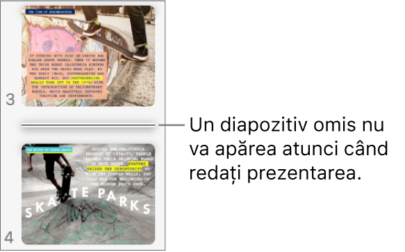 Navigatorul de diapozitive cu un diapozitiv omis, afișat ca linie orizontală.
