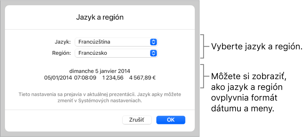 Panel Jazyk a región s ovládacími prvkami pre jazyk a región a príklad formátu dátumu, času, desatinného znaku a meny.