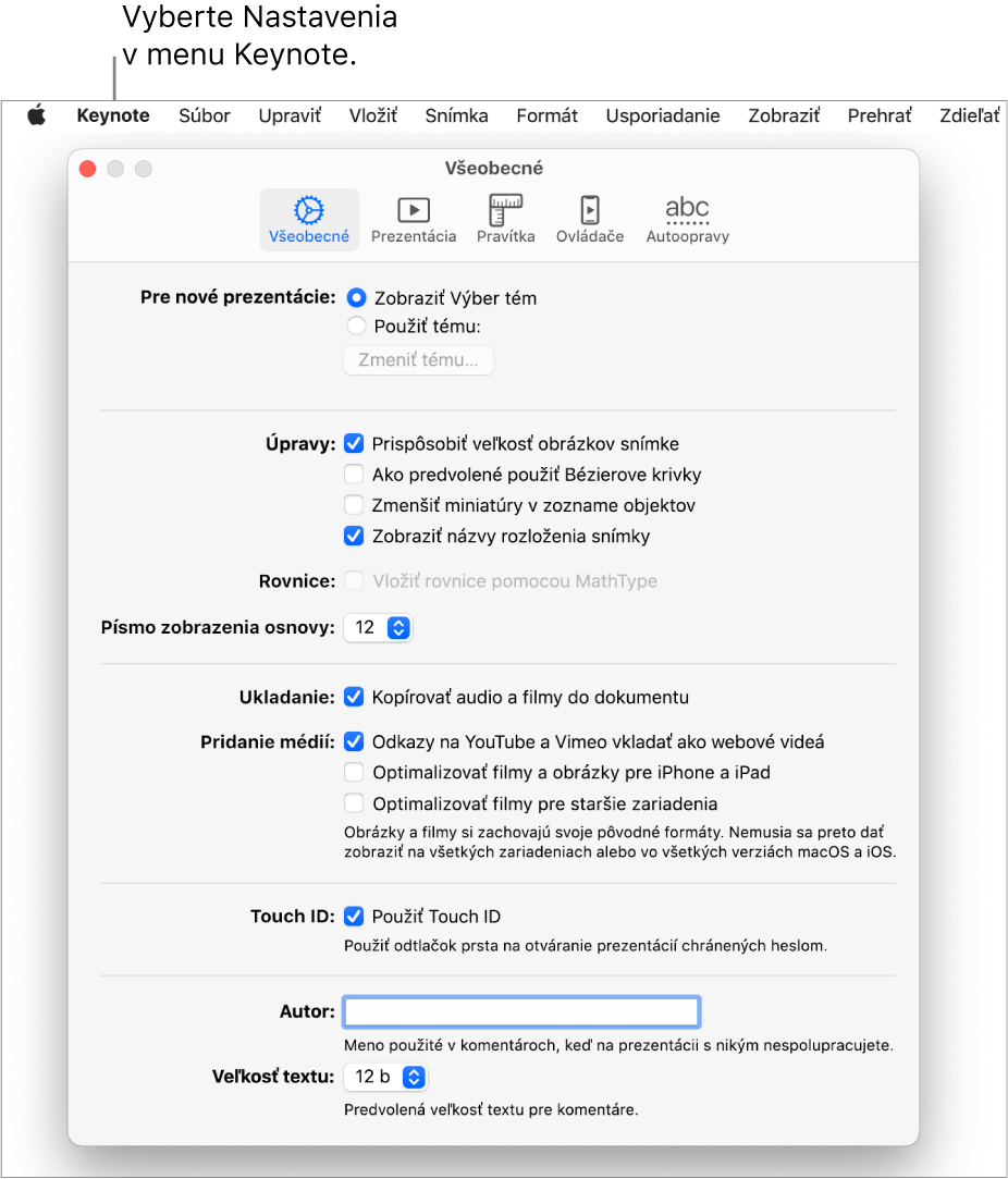 Otvorené okno nastavení Keynote s panelom Všeobecné.