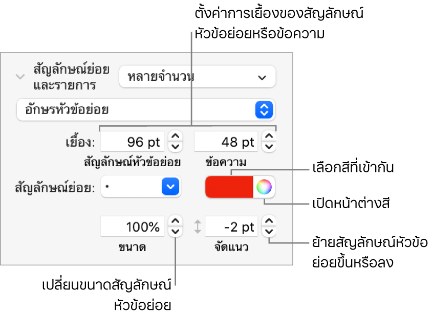 ส่วนสัญลักษณ์ย่อยและรายการที่มีคำบรรยายไปยังตัวควบคุมสำหรับสัญลักษณ์หัวข้อย่อยและการเยื้องข้อความ สีของสัญลักษณ์หัวข้อย่อย ขนาดของสัญลักษณ์หัวข้อย่อย และการจัดแนว