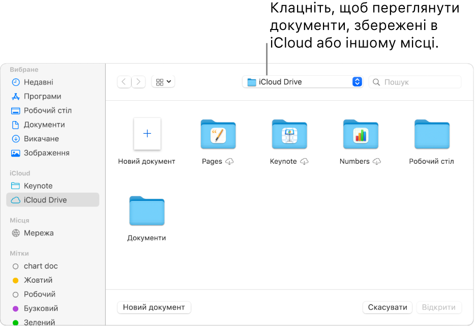 Діалогове вікно «Відкрити» з відкритою лівою бічною панеллю та вибраною іконкою iCloud Drive у спливному меню вгорі. У діалоговому вікні біля кнопки «Новий документ» також відображено папки Keynote, Numbers і Pages.