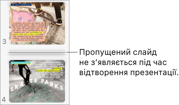 Навігатор слайдів із пропущеним слайдом у вигляді горизонтальної лінії.